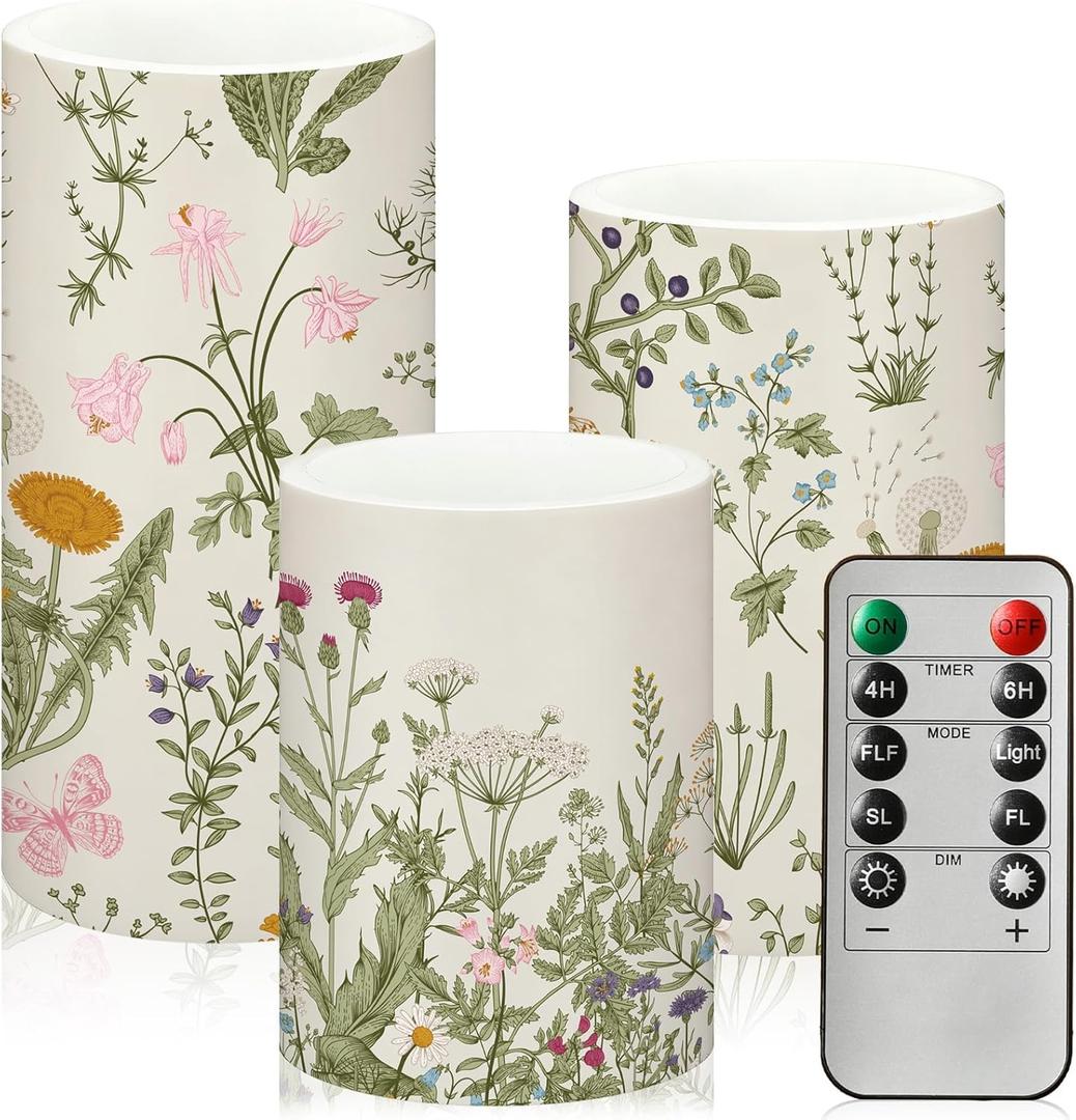 Baquler Wildflowers Floral Spring Glass Flameless Candles with Remote Timer Battery Operated LED Flickering Pillar Seasonal Summer Butterfly Dinner Holiday Decor