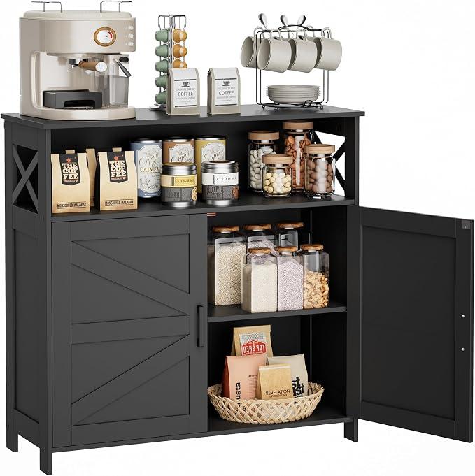 Small Coffee Bar Cabinet, Buffet Cabinet with Adjustable Shelf Coffee Cabinet with Storage Farmhouse Sideboard Storage Cabinet for Small Spaces, 35" x 17.3" x 6.3", Black