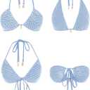 ZAFUL Women's Bikini Set Fishnet Triangle Tie Convertible Collar Halter Bandeau Shell Two Piece Bathing Suit (Blue, XL)