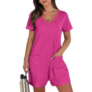 ioiohahaun Women's Summer Casual Rompers Short Sleeve V Neck Loose Fit Jumpsuit 2025 Trendy One Piece Jumps With Pockets L