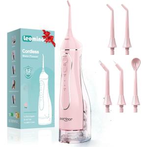Leominor Water Flosser Pick for Teeth, 300ML Portable Oral Irrigator Upgraded Tank Removable,IPX7 Waterproof, Rechargeable Travel Teeth Cleaner, Professional Electric Flossing Machine (Pink)