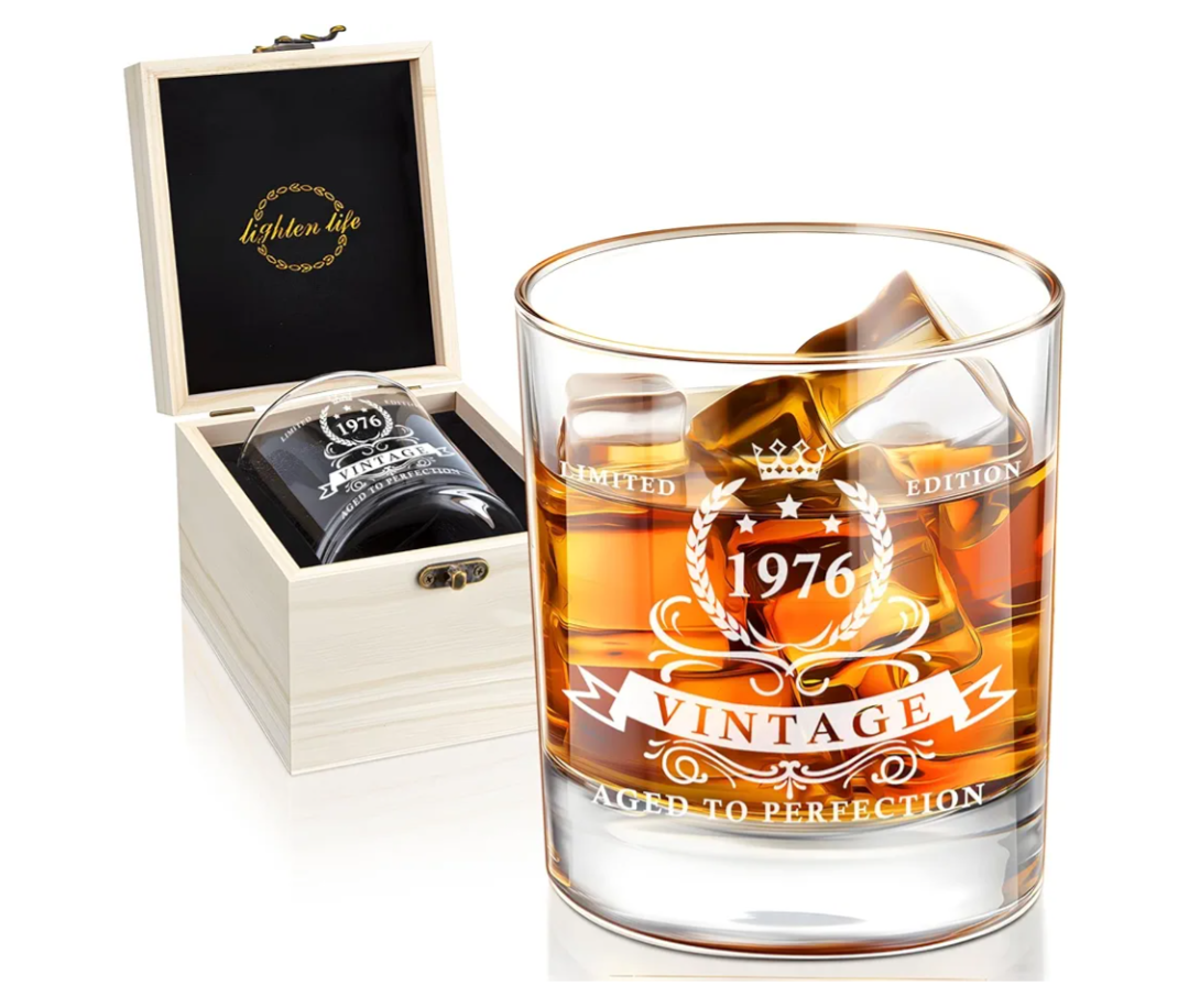 LIGHTEN LIFE 50th Birthday Gifts for Men 12 OZ,1976 Whiskey Glass in Valued Wooden Box,50th Birthday Bourbon Glass for 50 Years Old Dad,Husband,Friend,Bday Gift Ideas