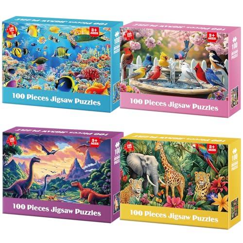 BraniacBits 100 Piece Puzzles for Kids 4-8 - Wildlife Birds Marine Dinosaurs Puzzle for Toddlers 3-5 Large Piece Puzzle for Seniors Adults Puzzles for Kids Ages 4-6 6-8 8-10 Educational Toys Gift