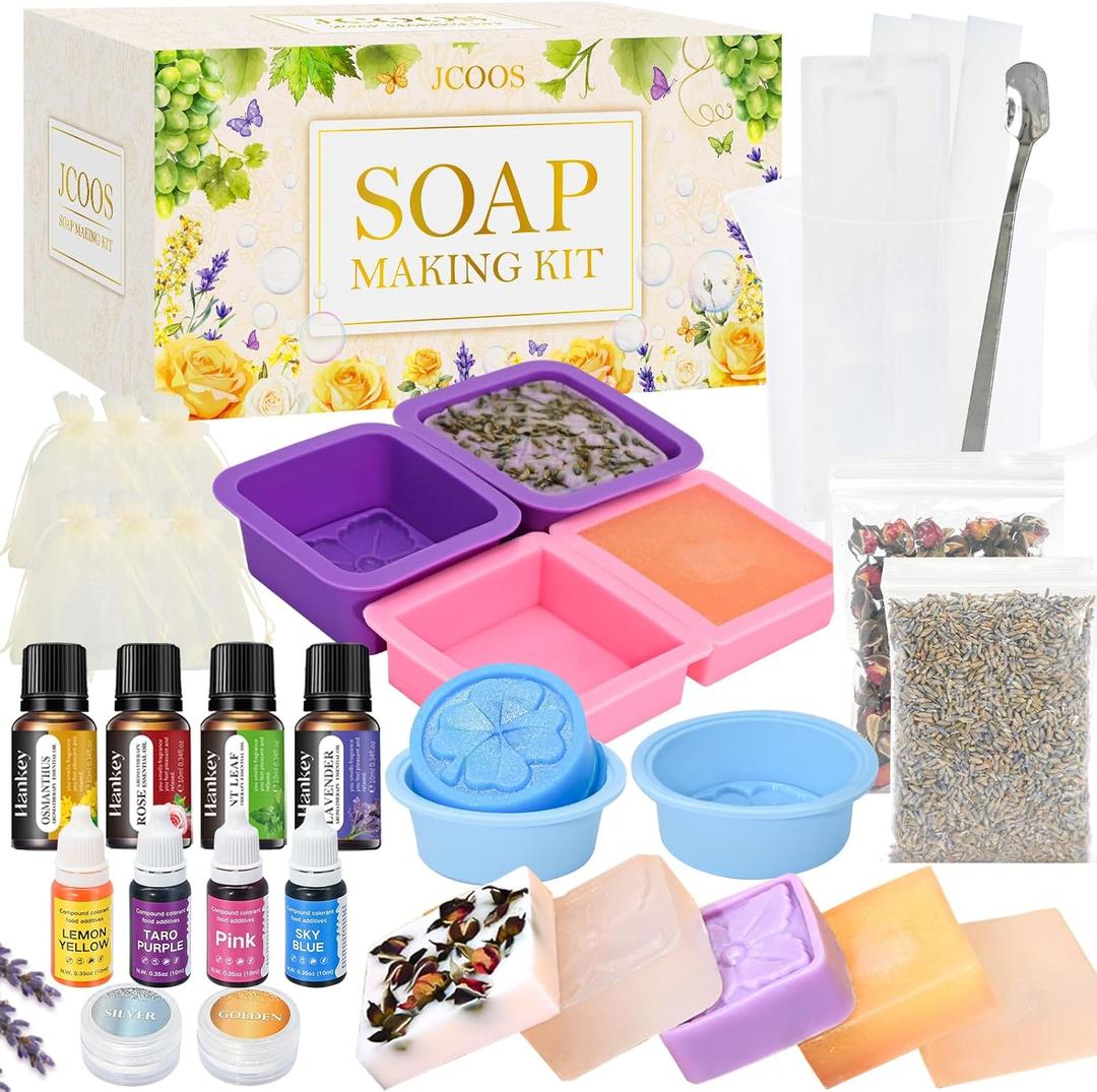 Soap Making Kit, JCOOS Soap Making Kit for Adults and Kids, Soap Making Supplies - Melt and Pour Soap Base, Soap Mold, Soap Colorant, Fragrances, Dried Flowers, Glitter, Kids Craft Diy Kits for Adults