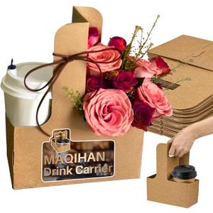 MAQIHAN 2 Cup Drink Carrier with Handle - 50Pcs Disposable Cardboard Coffee Cup Holder Portable Foldable Tray Drink Caddy Cup Carriers to go Cup Holder Food Delivery Accessories for Hot/Cold Drinks