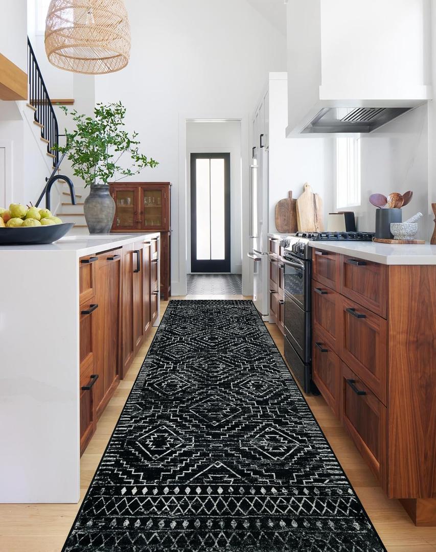 Wonnitar Washable Runner Rugs for Hallway 2'6"x10', Moroccan Non-Slip Black Long Kitchen Runner, Low Pile Boho Soft Carpet Runner for Entrance Living Room Entryway Bedroom (Black,2'6"x10') 