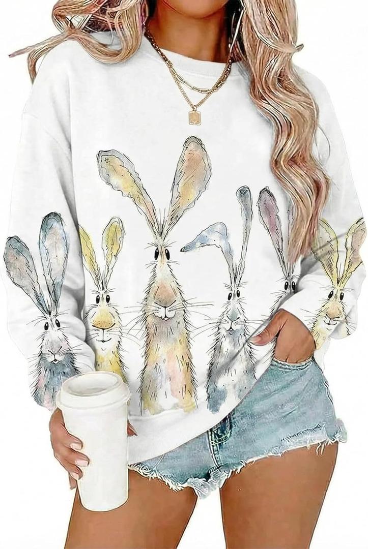 Women's Long Sleeve Crewneck Sweatshirt Holiday Graphic Pullover Tops (Large,White)