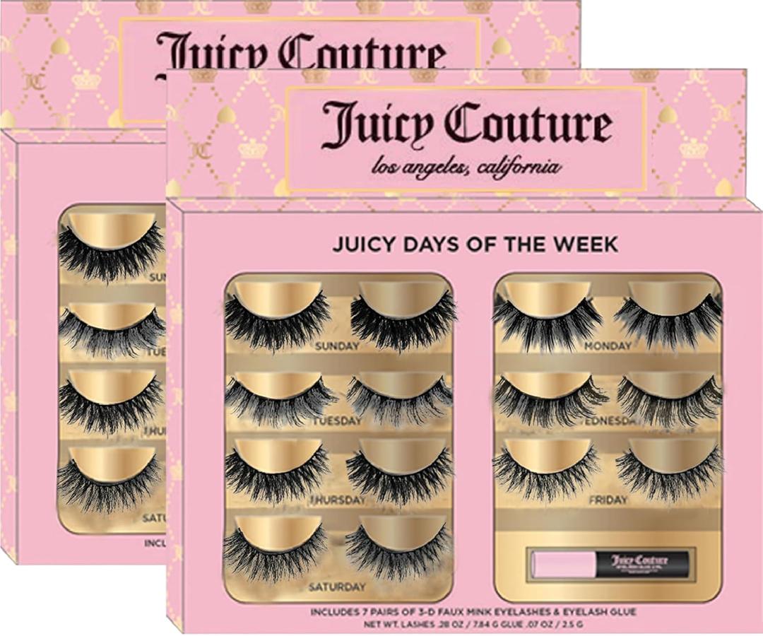 Juicy Couture 3D Faux Mink False Eyelashes - 14 Pairs with Applicator & Eyelash Glue, Wispy Natural Look, New Silky, Dramatic, Charming, Sassy & Extra Styles, Easy to Apply, Cruelty-Free & Reusable