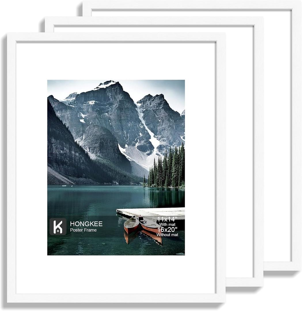 Hongkee 16x20 Frames Set of 3 - Display 11x14 Photo with Mat or 16 x 20 Poster without Mat, Wall Mounting Horizontal and Vertical, White