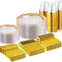 WELLIFE 300 PCS Clear Gold Dinnerware Set for 50 Guests, Clear and Gold Plastic Plates for Party, 50 Dinner Plates, 50 Salad Plates, 50 Cups Forks Knives Spoons for Wedding and Party Supplies