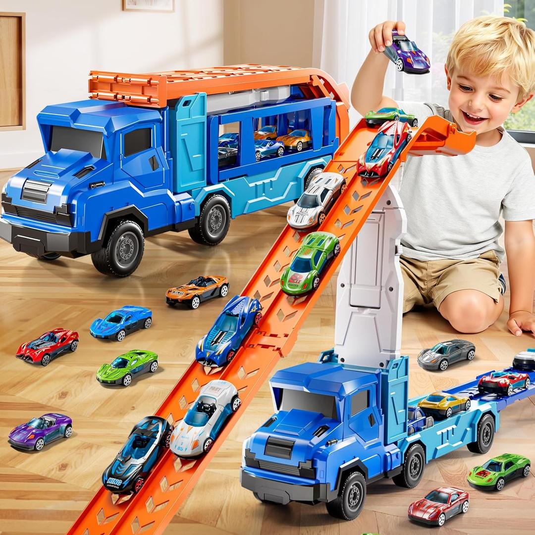 Toddler Car Truck Toys for 3 4 5 6 7 8 Years Old Boys, Transporter Truck Toy Track Set with 12 Die-Cast Car Toys, Toy Gifts for 3 4 5 6 Year Old Boys Kids (Blue Orange)