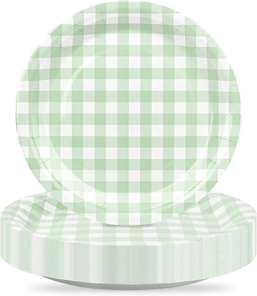 48Pcs Gingham Party Supplies Sage Green Paper Plates 9 inches Disposable Plaid Decorative Dinner Dessert Serving Plates for Baby Shower Wedding Birthday Party