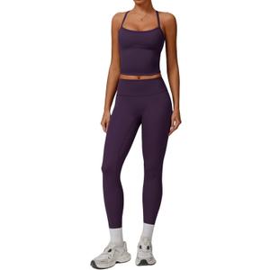 Womens Workout Sets Two Piece Cross Back Tank Top Matching High Waist Leggings Sets Gym Outfits Work Out Clothes (Medium, Dark Purple)