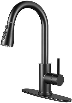 BASDEHEN Single Handle High Arc Matte Black Pull Out Kitchen Faucet, Single Level Stainless Steel Kitchen Sink Faucet with Pull Down Sprayer and 10 Inch Deck (Matte Black)