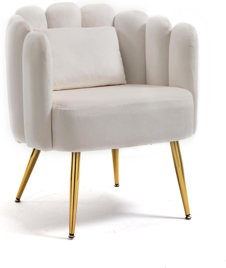 Accent Chair for Bedroom, Shell Shaped Velvet Vanity Chair with Pillow, Cream 20"D x 28"W x 35.5"H