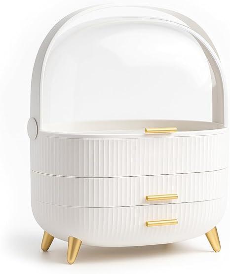 uMadeUs White Makeup Organizer for Countertop & Vanity - Large Cosmetic Display Cases, Clear Covered Storage Box with Lid & Handle, Skincare Organizer for Teen Girls, Portable Egg Shape Makeup Storage