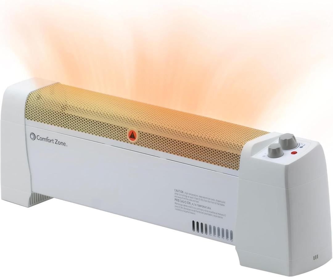 Comfort Zone Electric Baseboard Space Heater with Adjustable Thermostat, Dent-Proof End Panels, Overheat Protection, Tip-Over Switch, & Stay-Cool Body, Ideal for Home, Bedroom, & Office, 1,500W, CZ600 (White)
