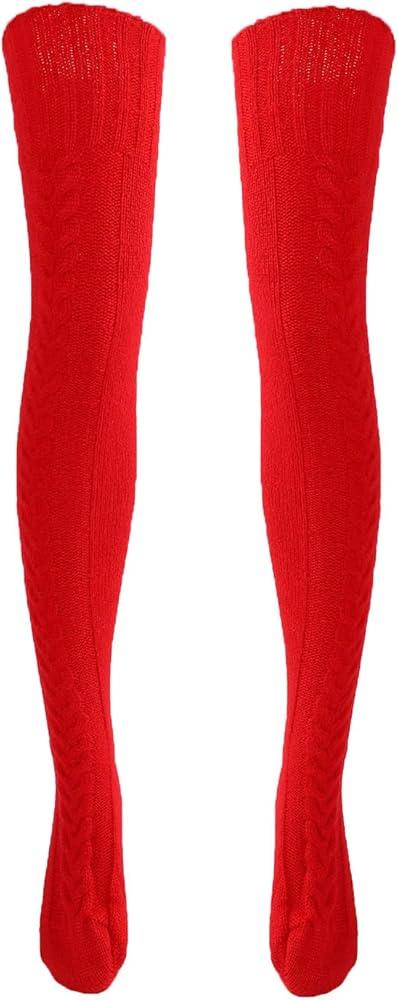 Over the Knee High Socks, Warm Cable Knit Wool Over Knee Stockings for Women