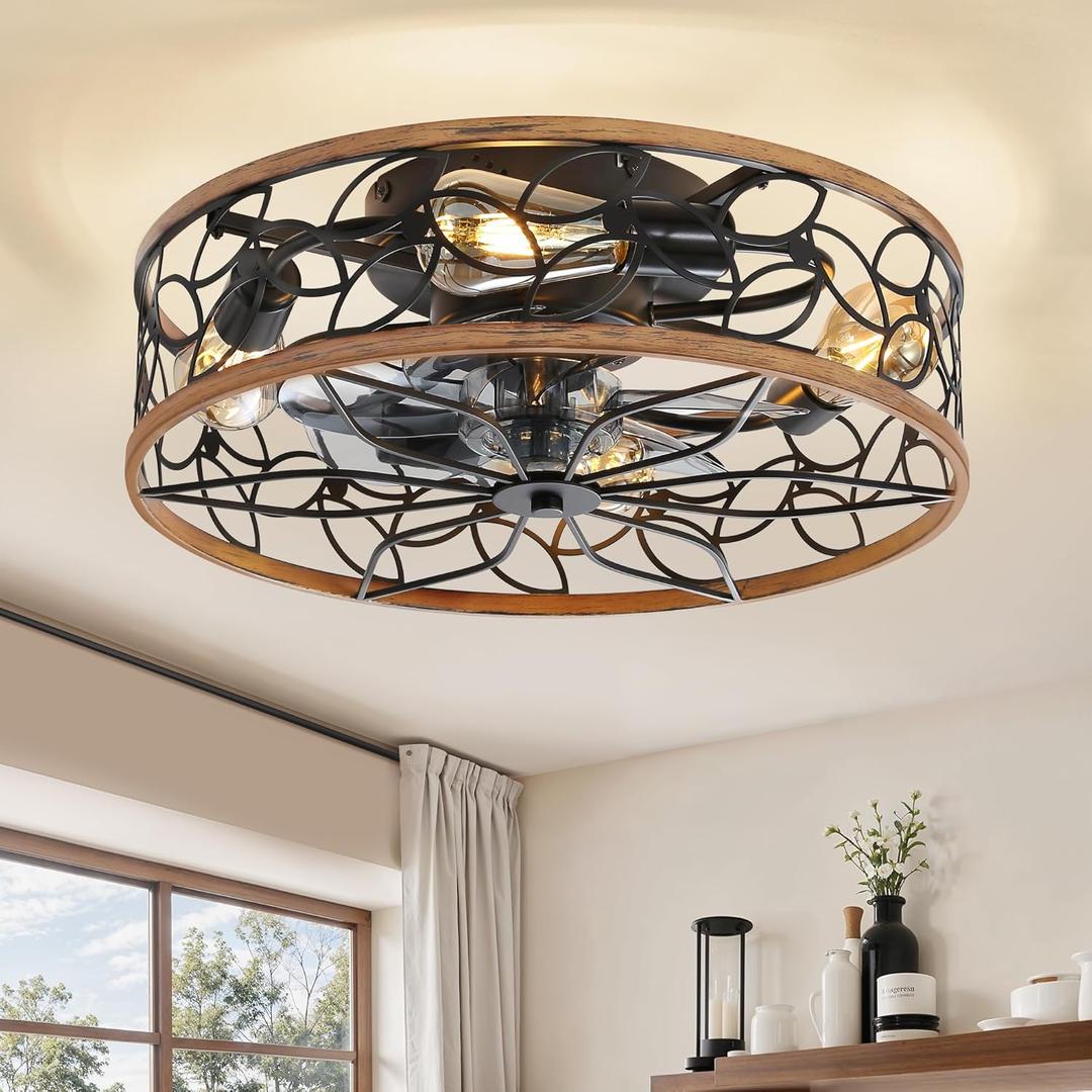 LEDIARY Caged Ceiling Fans with Lights, Farmhouse Flush Mount Ceiling Fan with Remote, Black & Walnut Low Profile Ceiling Fan Light Fixture for Bedroom, Kitchen, Dining Room. (Medium)