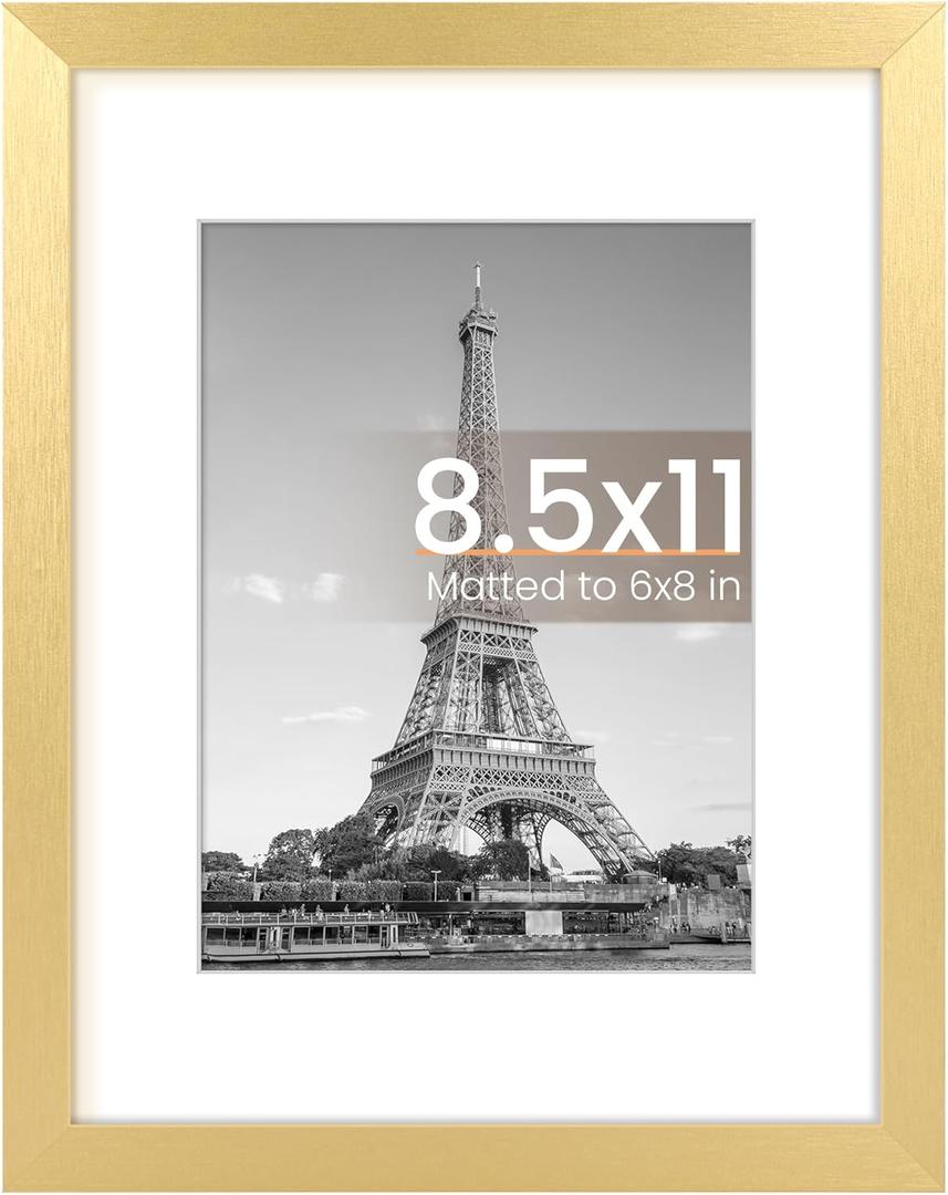 upsimples 8.5 By 11 Picture Frame, Display Pictures 6x8 with Mat or 8.5 x 11 Without, Wall Hanging Photo Frames, Gold, 1 Pack