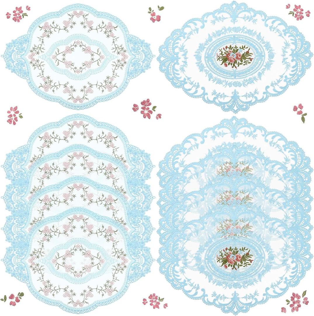 Mixweer 10 Pcs Blue Retro Lace Placemats Oval Embroidered Table Place Mats French Crochet Doilies Vintage Coasters Cup Mat 12'' x 16'' for Wedding Cup Vase Table Decor