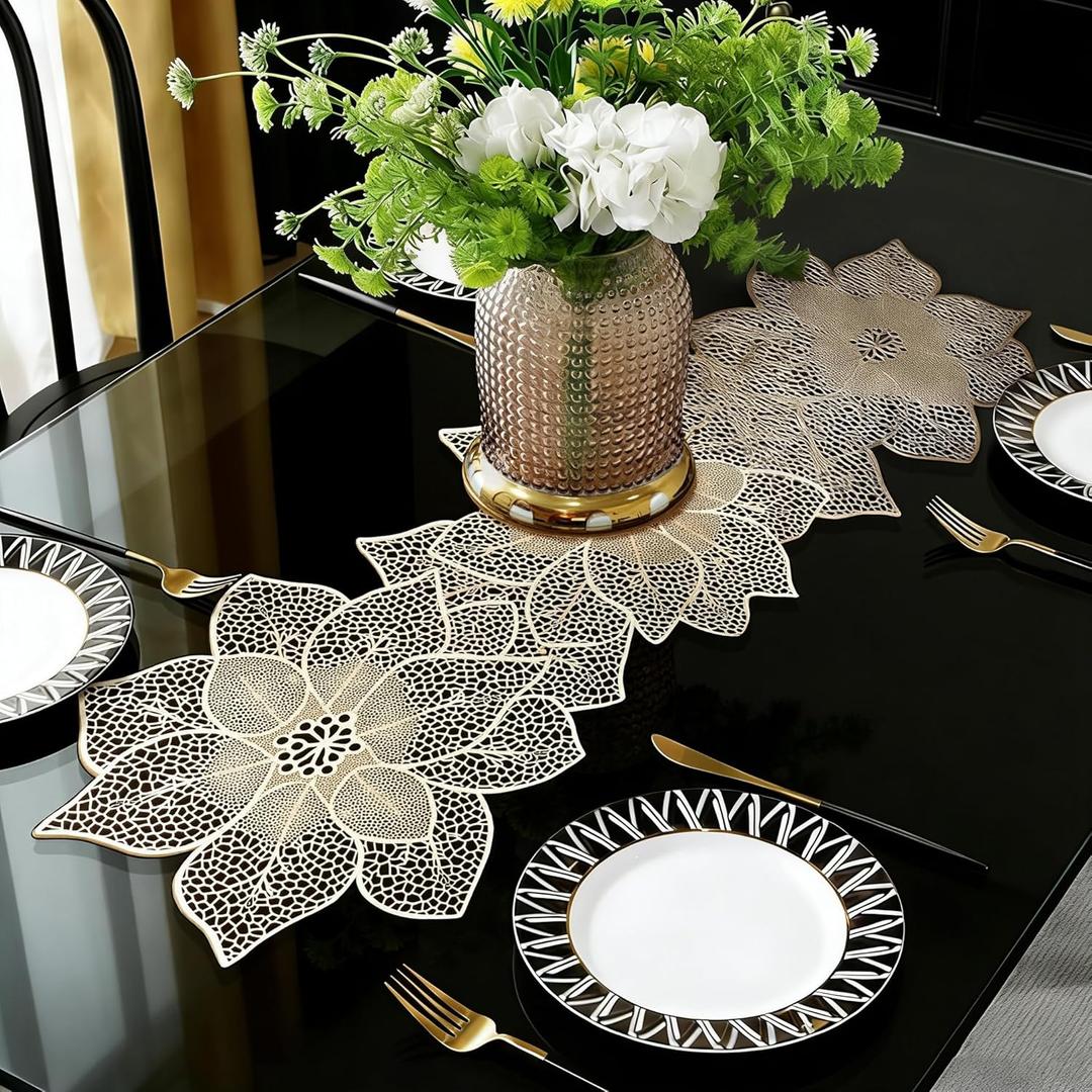 FAVE Gold Table Runner 36 Inches Flower Shaped Dining Table Runner Waterproof Washable for Wedding Banquet Birthday Party Restaurant Decor and Daily Ues(Gold Flower Shaped)