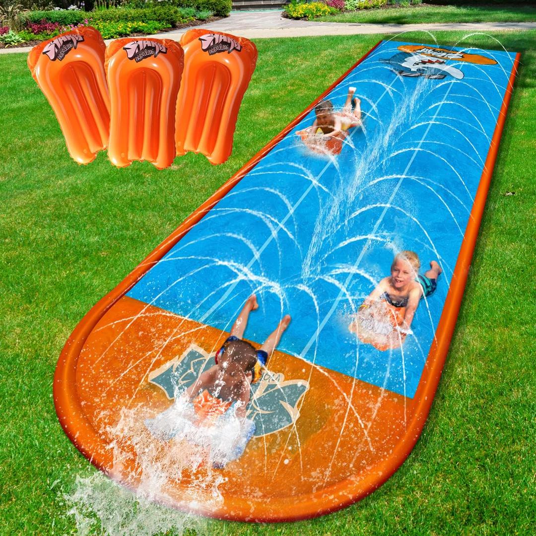 Slip Water Slide, 22ftx3 Lane Slip Water Slide for Kids Backyard Lawn,Summer Water Toys Outdoor Sprinkler with 3 Sliding Racing Lanes and 3 Inflatable Bodyboards (Blue)