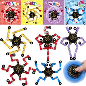 JOYIN 28 Packs Valentines Day 4-Design Gift Cards with Fidget Spinners, DIY Chain Robot Fingertip Toys, Deformable Stress Relief Toys for Kids Valentines Party Favor, School Exchange, Game Prizes