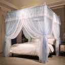 VETHIN 4 Corners Post Ruffle Princess Bed Canopy Curtain-Double Layer Cozy Drape Netting 4 Opening Mosquito Net for Girls Adults Bedroom Decoration (Gray/White, 53" W*78" L*82"*H/(Full))