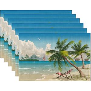 Tropical Beach Placemats Set of 6,Hawaii Palm Tree Placemats 12x18 Inch Waterproof Non-Slip Washable Table Mats for Kitchen Dining Party Table Decor,Set of 6