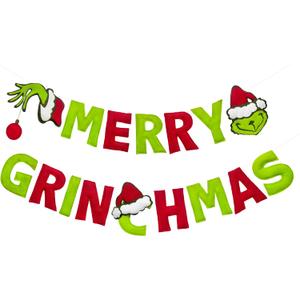 Merry Grinchmas Decorations Pre-Strung Handmade Felt Merry Grinchmas Sign Red Green Xmas Banner for Fun Christmas Holiday Theme Nursery Home Wall Decor Birthday Baby Shower Party Decorations Supplies
