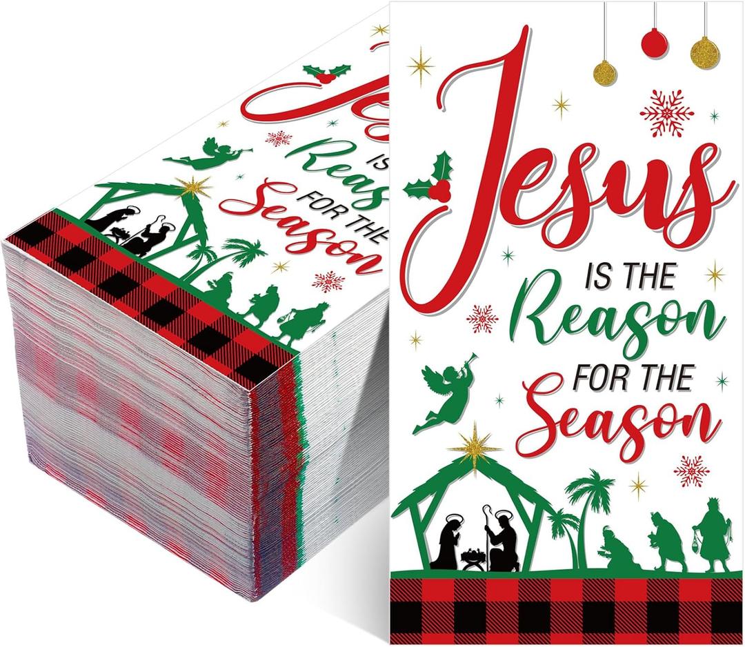 Pasimy 100 Pcs Christmas Nativity Paper Napkin Disposable Jesus Is the Reason for the Season Paper Guest Napkins Xmas Religious Hand Towel for Christmas Party Nativity Scene Decoration (Dark Red,Long) (Rectangular)