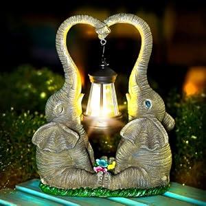 Vereemy Elephant Statue Garden Decor with LED Solar Lights-Set of 2 Good Luck Elephant Outdoor Statue Elephant Gifts for Women Garden Statues for Yard Patio,Porch,Home for Women