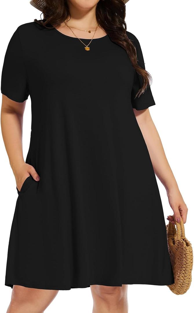 Elescat Plus Size Summer Dresses for Women Casual Short Sleeve Pockets Loose Oversized T Shirt Sundress (Black, 2XL)