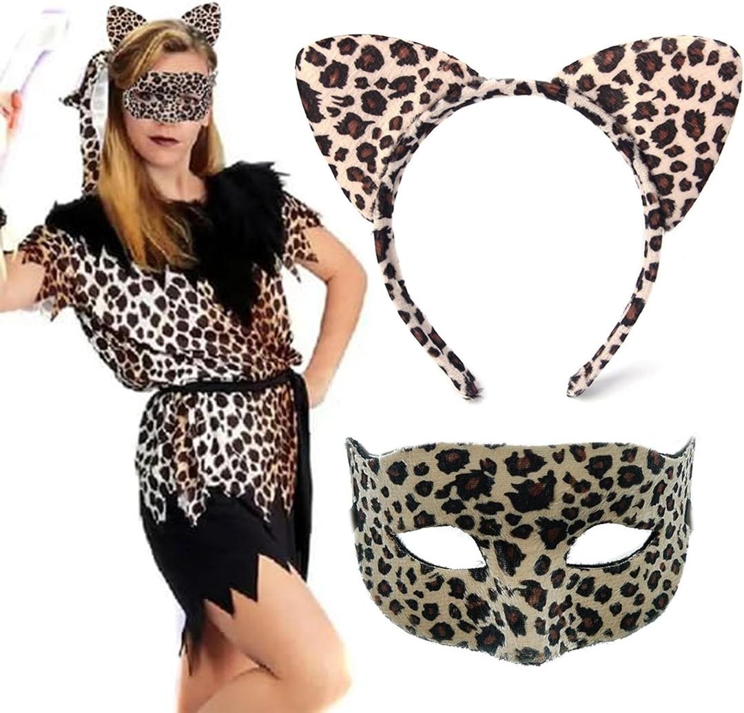 Moonear Leopard Ears Headband with Mask for Women,Leopard Costume Accessories for Halloween Cheetah Cat Cosplay