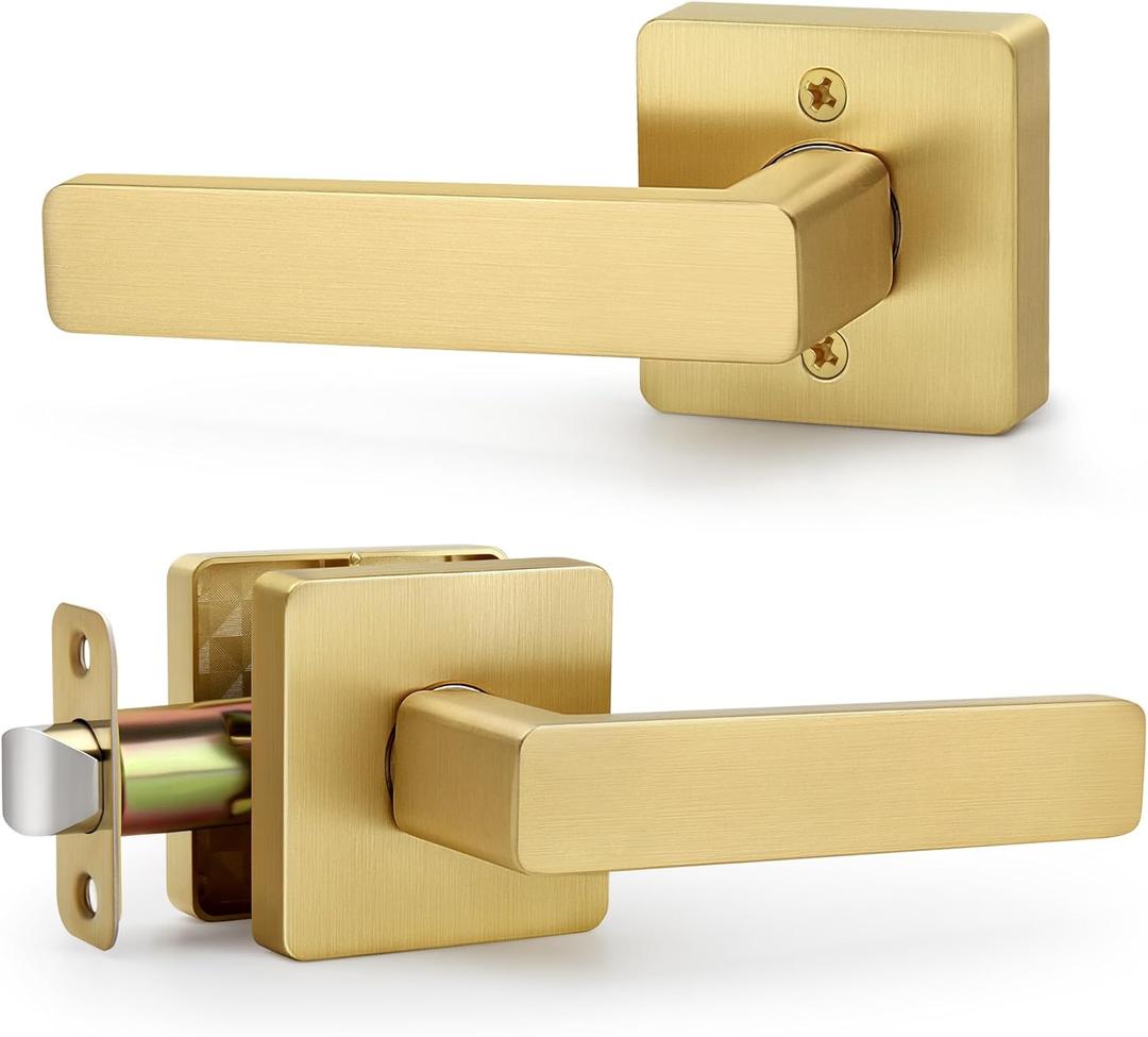 Square Passage Gold Door Handles (No Lock and Key), Non-Locking Heavy-Duty Gold Door Handle for Bathroom and Interior Closet, Satin Brass, 1 Pack