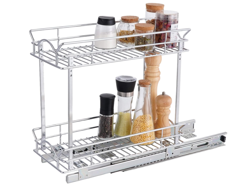 OCG Slide Out Cabinet Organizer for Narrow Cabinet (9" W X 17" D), 2 Tier Pull Out Shelves Slim Sliding Cabinet Organizer and Storage, Chrome
