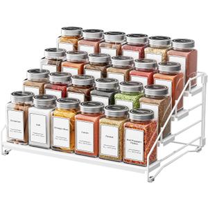 Tiered Spice Rack, 4 Tier Spice Shelf Organizer for Cabinet, Spice Rack Organizer, Depth Adjustable Seasoning Rack Organizer for Cabinet, Countertop, Pantry, Metal, White (1 Pack)