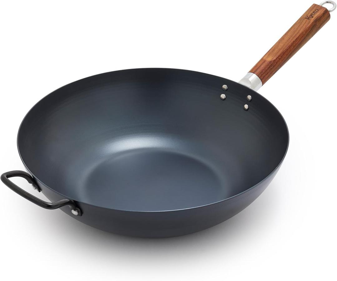 GreenPan Carbon Steel Wok 14, Flat Bottom, Durable Stir-Fry Pan, Pre-Seasoned Ready to Use, High Heat Retention, Induction, Ash Wood Handle, Kyoto, Black