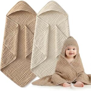 Hooded Baby Bath Towels for Newborn, 2 Pack - 6-Layer 100% Muslin Cotton, Soft Absorbent Baby Towels with Hood for Babies, Infants & Toddlers, Large 32x32 Inch Unisex Newborn Baby Bath Essentials (Beige & Apricot)