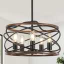 19.7'' Farmhouse Industrial Chandelier for Dining Room - 5-Light Rustic Black and Brown Metal Wood Texture Drum Chandeliers Hanging Light Fixture for Entryway Kitchen Foyer Bedroom Living Room