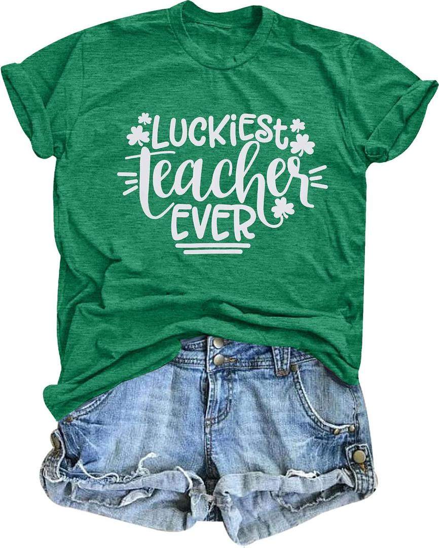 Luckiest Teacher Ever Shirt Women St Patricks Day T-Shirt Funny Teacher Gift Tee Causal Short Sleeve Tops (Green, L)
