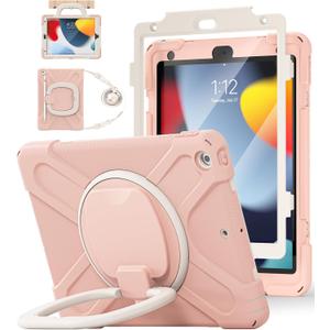 BATYUE for iPad 9th/ 8th/ 7th Generation Case (iPad 10.2 inch Rugged Case 2021/2020/2019) with Screen Protector, Rotating Stand/Pencil Holder/Carrying Shoulder Strap (Rose Gold)