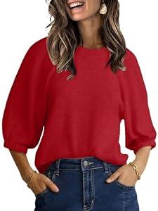 UNCLECAT Women's Puff Short Sleeve Sweater Summer Lightweight Knit Tops Crew Neck Casual Cropped Sweaters Red, Small