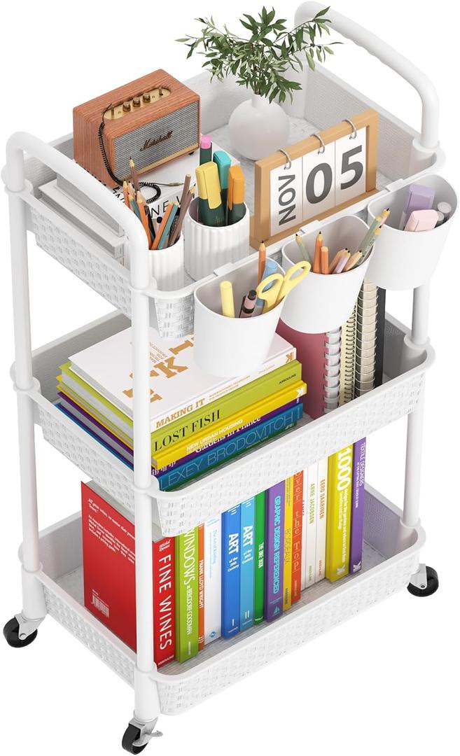 MOYIPIN 3-Tier Plastic Rolling Utility Cart with Handle,Utility Storage Cart for Office, Living Room, Kitchen,Movable Storage Organizer Shelves,White with 4 Hanging Cups White