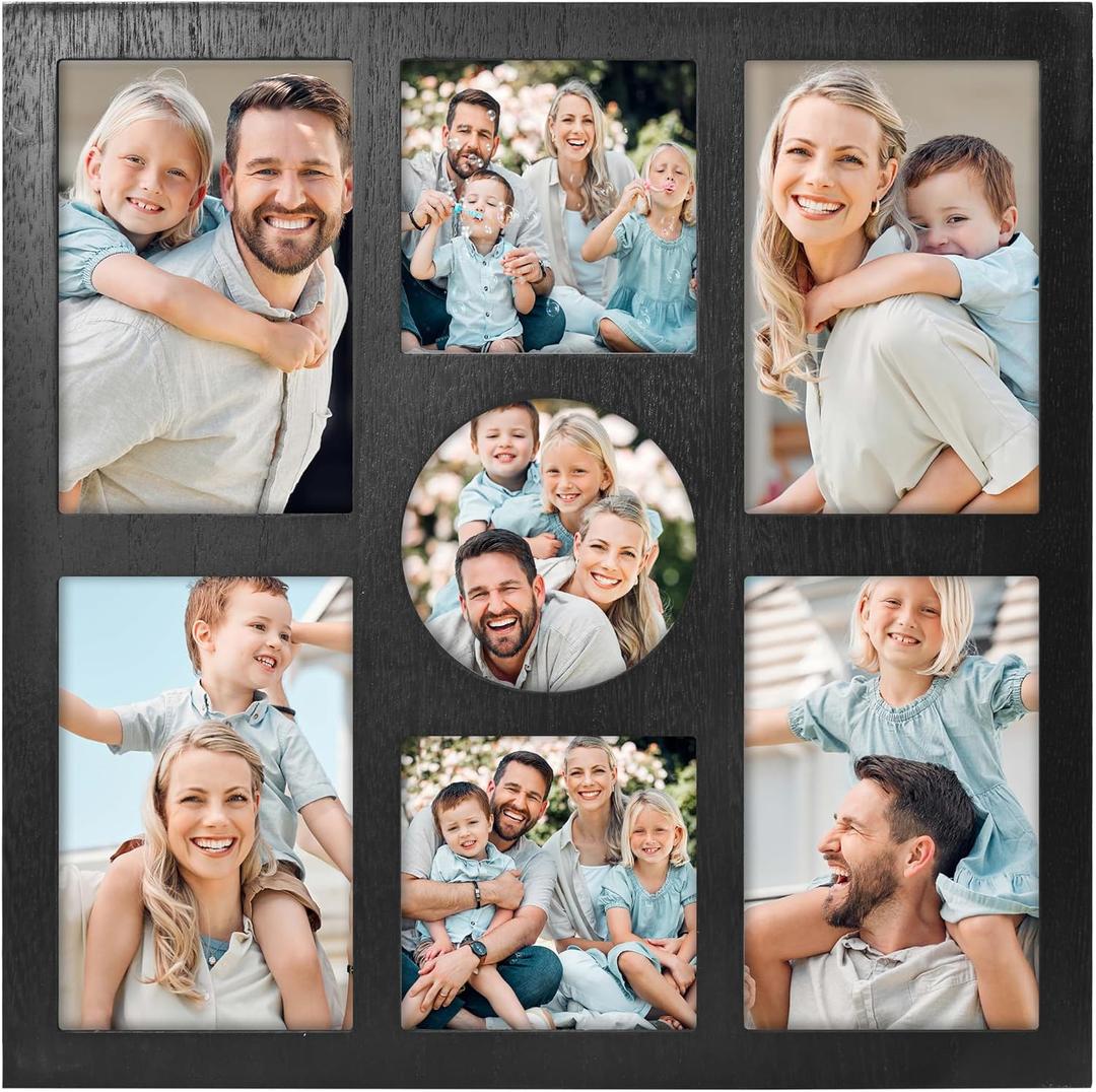 Picture Frame Collage for 4x6 and 4x4 Photos - 7 Openings Black Frame Wall Decor for Tabletop Stand and Wall Mounting - Home and Family Display
