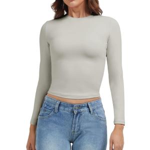 VIMPEP Women's Double Lined Long Sleeve T Shirts Crew Neck Slim Fit y2k Sexy Tops Basic Outfits for Workout Undershirts (Gray, S)