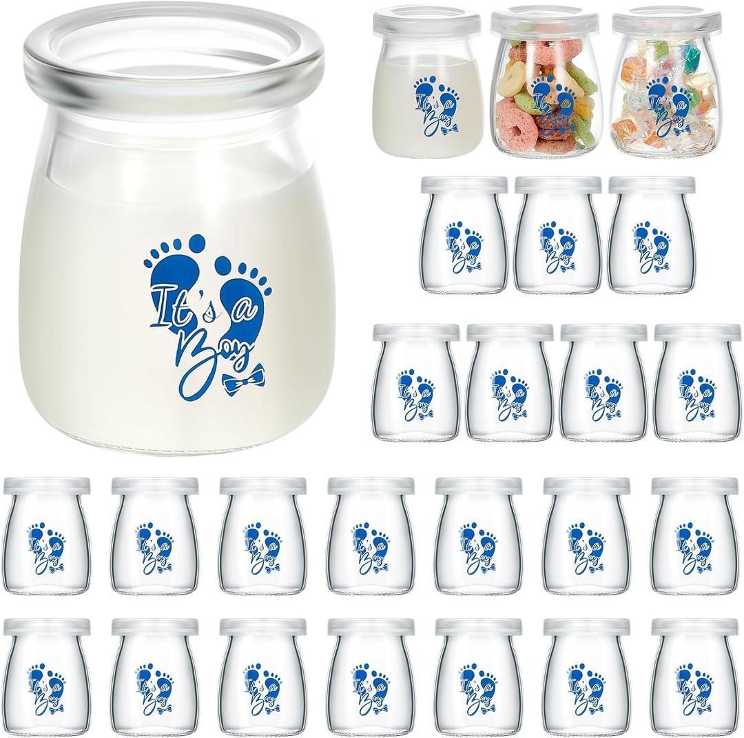 Tanlade 24 Pcs It's a Boy or Girl Milk Glass Bottles 3.4 oz Mini Glass Jars Clear Yogurt Jars with Plastic Lids Baby Shower Party Favors Baby Shower Decorations Centerpieces(It's A Boy)