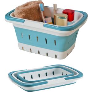 Portable Folding Plastic Bath Caddy with Handle, Perforated, Travel Bathroom Organizer for Bedroom, Bathroom, Shower, Dorm Room, Camping and RV Use (Blue, 1 Pack)