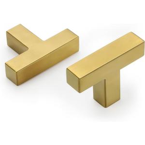 goldenwarm Brushed Brass Cabinet Knobs Kitchen Cabinet Hardware - LSJ12GD Gold Knobs for Bathroom Cabinets Modern Square T Bar Drawer Knobs Brass Hardware Pulls 2"(50mm Overall Length 25 Pack (single hole knob)